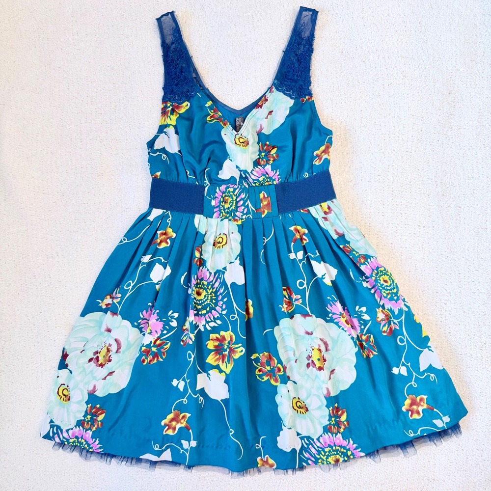 Free People Fairy Garden Floral Mini Dress Teal Lace Trim Size 6 Y2K Boho